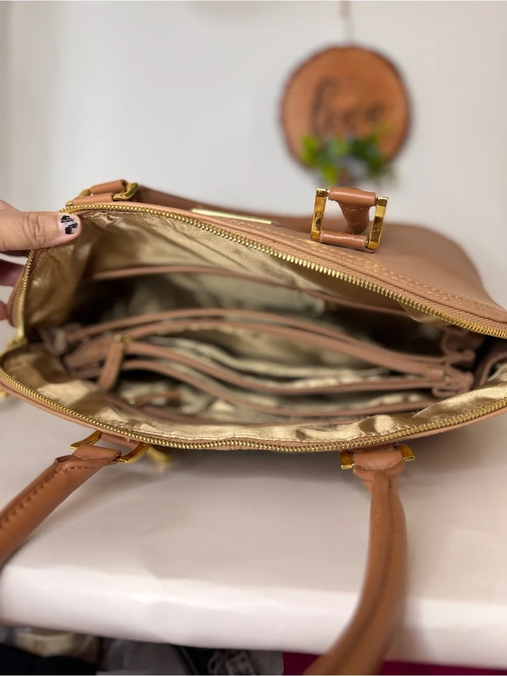Joy & Iman Peach-Tan Dome Satchel with Gold Hardware